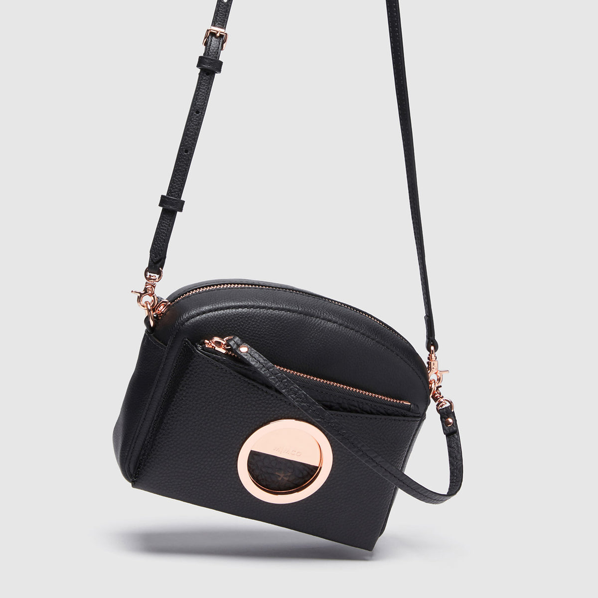 LEATHER SERENE CROSS BODY BAG - Black Rose Gold