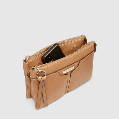 Leather Everly Cross Body Bag - Caramel