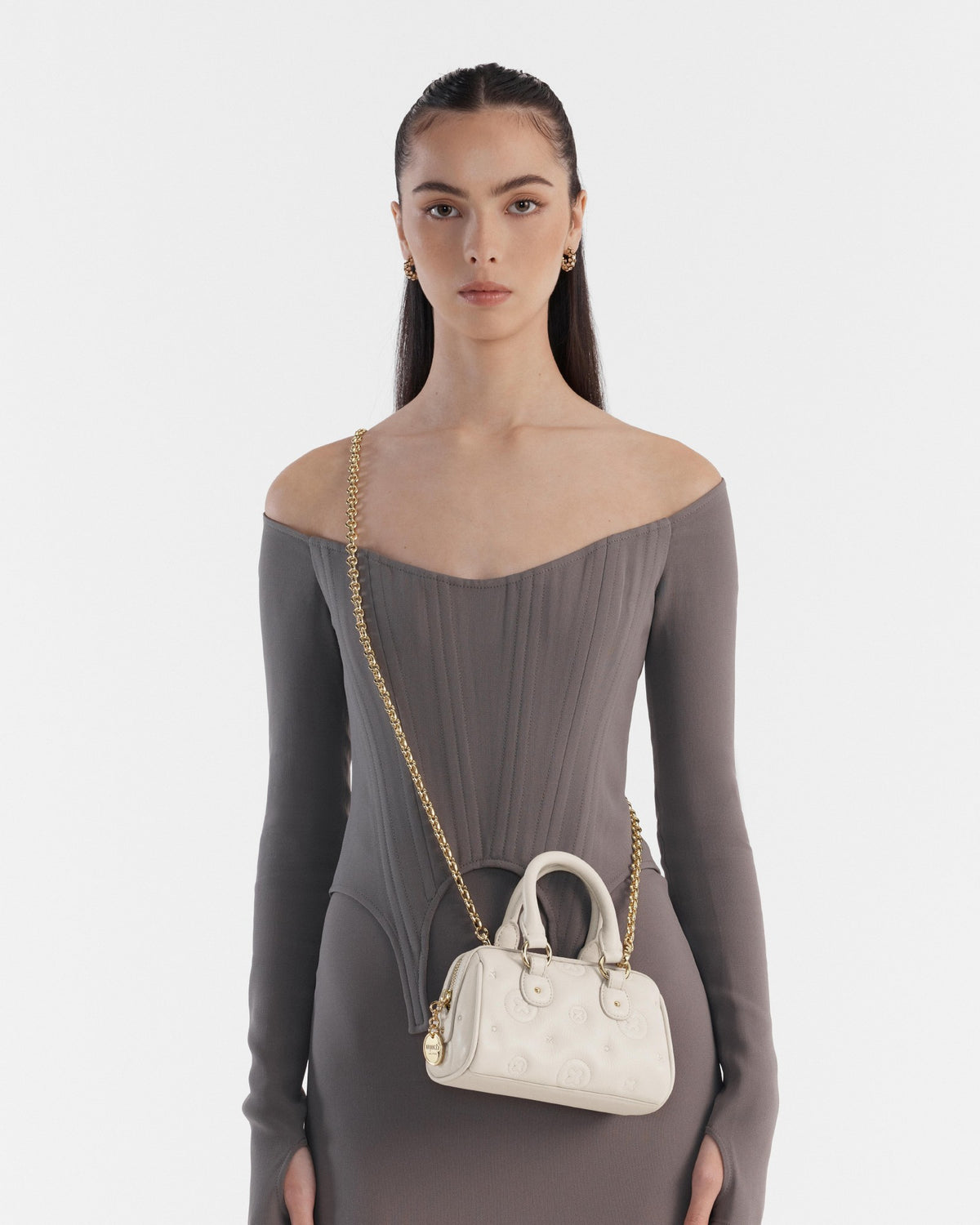 Flashback Leather Mini Bowler Crossbody Bag - Oyster