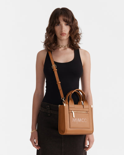 Patch Leather Mini Tote Bag - Caramel