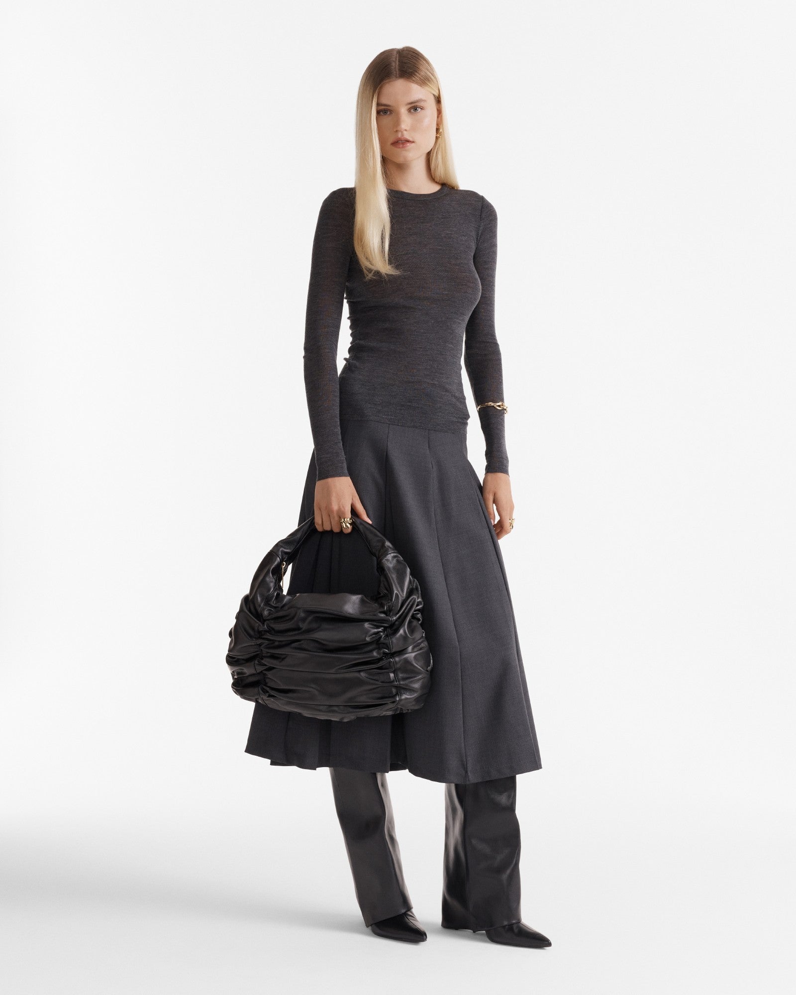 Solace Large Leather Crescent Bag - Black Brushed LG