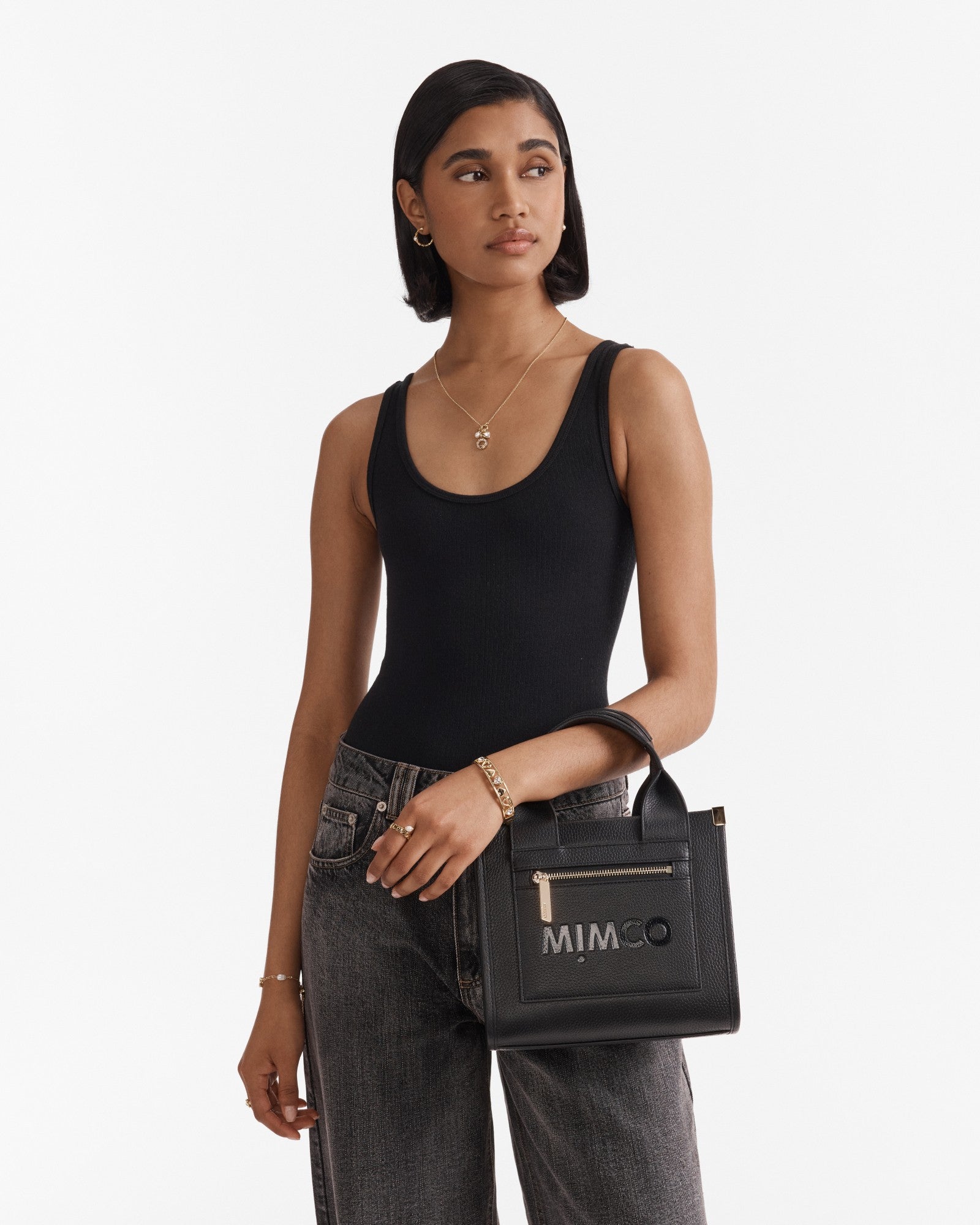 Patch Leather Mini Tote Bag - Black