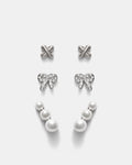 Bow Stud Earrings Set - Silver