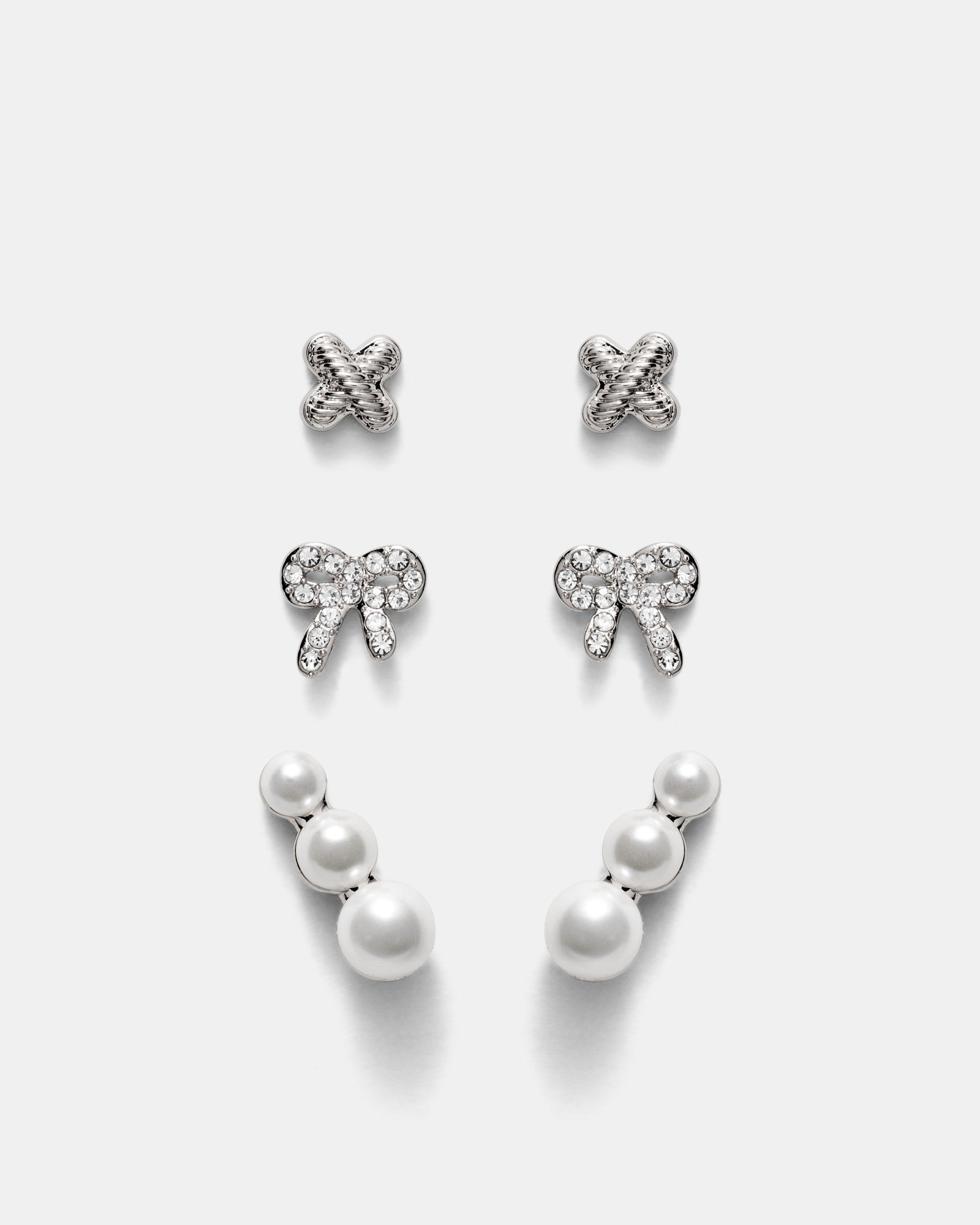 Bow Stud Earrings Set - Silver