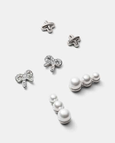 Bow Stud Earrings Set - Silver