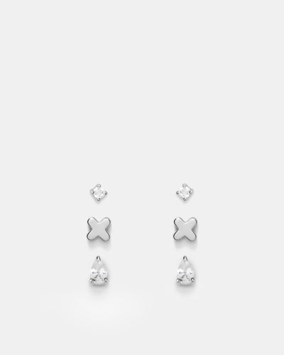 Cubic Zirconia Stud Earrings Set - Silver