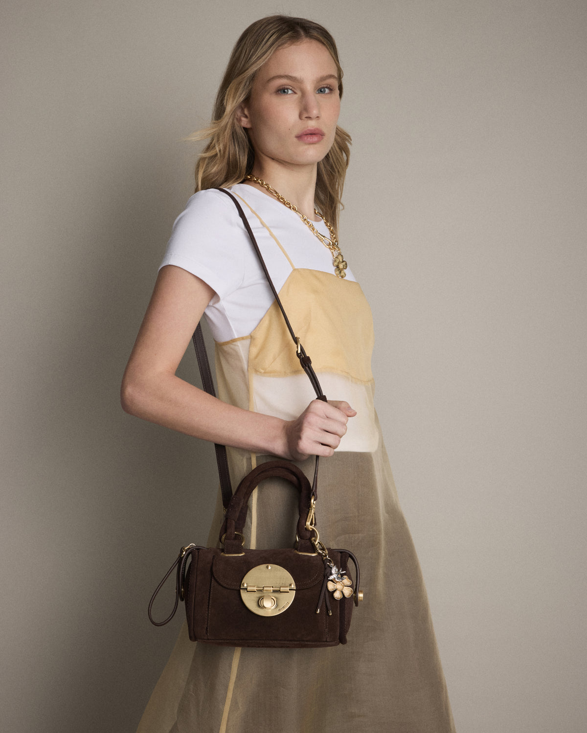 Turnlock Bowler Grab Crossbody Bag - Chocolate
