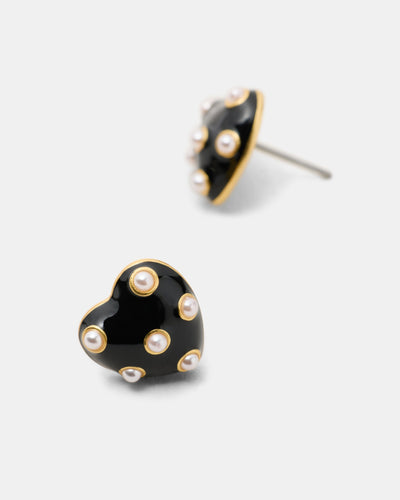 Polka Heart Stud Earrings - Black White